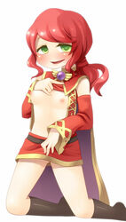 blush breasts cape gem green_eyes jewel kneehighs kneeling maplestory naughty_face navel nipples no_nose open_mouth oz_(maplestory) ponytail pussy_juice red_hair shirt_lift skirt small_breasts tied_hair