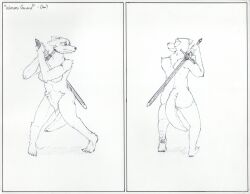 anthro black_sun canid canine canis domestic_dog doublespace ears_back feet female german_shepherd herding_dog hi_res hyper_pubes mammal melee_weapon pastoral_dog pivoted_ears plantigrade pose practice solo sword tail tail_between_legs weapon