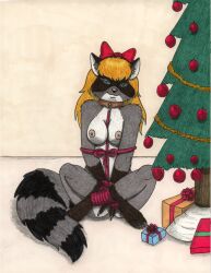 1girls anthro blond_hair blue_eyes bondage bound bow breasts christmas christmas_present christmas_tree claws collar female furry indoors inside ironbadger legs_crossed long_hair long_hair_female mammal nipples presents pussy raccoon ribbon rope rope_bondage tail tree