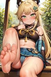 1girls 5_toes ai_generated barefoot belly big_breasts blonde_hair blush breasts camel_toe cameltoe cat_ears catgirl closed_mouth clothed embarrassed feet feet_up female female_focus female_only foopanthia foot_fetish foot_focus from_below genshin_impact green_eyes kirara_(genshin_impact) long_hair looking_at_viewer pov presenting presenting_feet self_upload sitting smug sole_female soles solo spread_legs teasing thick_thighs thighs toes wet