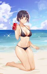 1girls beach bikini black_bikini black_hair black_swimsuit breasts clouds crown_braid holding_soda kneeling large_breasts looking_at_viewer makoto_niijima maoshinian1 midriff navel ocean outside persona persona_5 red_eyes short_hair sky soda_can swimsuit water