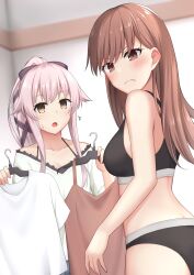 2girls akahi242 black_bra black_panties bra breasts brown_eyes brown_hair clothes_hanger hairbow jeans kantai_collection long_hair looking_at_viewer medium_breasts ooi_(kantai_collection) panties pink_hair ponytail red_shirt shirt shopping white_shirt yellow_eyes yura_(kantai_collection)