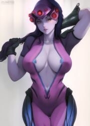 1girls ai_generated big_breasts blizzard_entertainment clothed clothing female female_focus female_only flowerxl inner_sideboob long_hair looking_at_viewer overwatch purple_hair s
 solo solo_female thighs touching_hair villainess widowmaker