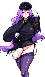 breasts futa_sans_balls futanari garter_belt himajin huge_breasts intersex military_uniform penis purple_hair very_long_hair