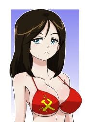 1girls big_breasts bikini blue_eyes breasts brown_hair busty cleavage expressionless female female_only flag_bikini flag_print girls_und_panzer highres large_breasts long_hair looking_at_viewer nonna nonna_(girls_und_panzer) red_bikini solo soviet_flag swimsuit underboob voluptuous