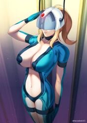 brainwashed brainwashing cleavage haryudanto helmet hypnosis large_ass large_breasts metroid midriff mind_control navel revealing_clothes salute samus_aran thick_thighs transforming_into_combatant wide_hips