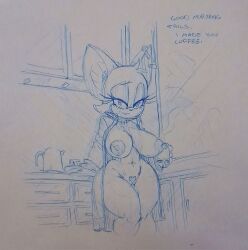 big_breasts breasts dialogue joe_nutz kitchen mug pubic_hair pussy robe rouge_the_bat sega sketch sonic_(series) thick_thighs traditional_media_(artwork)