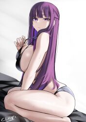 arm_between_legs blunt_bangs bra female fern_(sousou_no_frieren) huge_ass huge_breasts kneeling looking_at_viewer panties purple_eyes purple_hair signature sousou_no_frieren thick_thighs underwear underwear_only wide_hips worried worried_expression