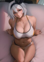 1girls bea_(pokemon) bed big_breasts blue_eyes blush breasts cleavage clothing dark-skinned_female female female_focus female_only flowerxl gym_clothes gym_leader large_breasts looking_at_viewer nintendo nipples_visible_through_clothing panties pokemon pokemon_trainer short_hair solo solo_female thick_thighs tomboy voluptuous white_hair