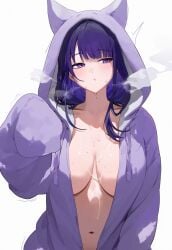 1girls ai_generated belly_button big_breasts blush blush_lines breasts busty cat_ears cat_hood cleavage cum_on_body cum_on_breasts cute eyelashes female female_only genshin_impact hoodie hoodie_only hoodie_open jacket jacket_open large_breasts light-skinned_female light_skin mihoyo milf naked_hoodie open_jacket pout purple_eyes purple_hair raiden_shogun solo stable_diffusion steam steaming steamy sweat sweatdrop sweating white_background