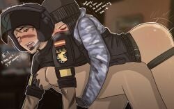 2girls akirasashi ass big_ass black_hair breasts brown_eyes female female_only frost_(rainbow_six) half-dressed hat mira_(rainbow_six) multiple_girls rainbow_six rainbow_six_siege tagme tom_clancy touching_breast yuri