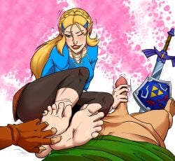 1boy 1boy1girl 1girls barefoot blonde_hair breath_of_the_wild dr_random elf_ears feet female foot_fetish foot_focus handjob hylian link link_(breath_of_the_wild) long_hair male one_eye_closed penis princess_zelda smile soles the_legend_of_zelda tickling tickling_feet zelda_(breath_of_the_wild)