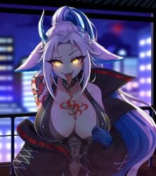 1girls balcony belly_button belly_button_visible_through_clothing blue_hair breasts city cleavage clothed clothing dragon_girl dragon_horns female female_only horns huge_breasts indie_virtual_youtuber inviting light-skinned_female light_skin looking_at_viewer monster_girl night open_mouth outdoors ponytail ray_hime scales seductive sharp_teeth solo tattoo teasing tongue tongue_out two_tone_hair viral_soul virtual_youtuber white_hair yellow_eyes