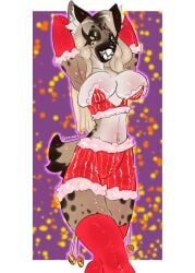 absurd_res anthro ass belly bisamon breasts female hi_res holidays hyena leg_markings mammal markings merry_christmas navel new_year paige_(snapshotstami) solo