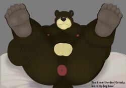animal_crossing anthro anus ass bear bed butt_focus chubby_anthro chubby_male claws english_text feet furniture grizzly_(animal_crossing) ivory-dove legs_up lying male mammal nintendo nipples nude on_back presenting presenting_anus presenting_hindquarters solo text thick_thighs