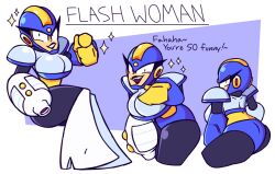 big_ass big_breasts big_butt big_eyelashes blue_armor flash_man genderswap_(mtf) heel_boots huge_breasts lipstick looking_back_at_viewer mega_man mega_man(classic) mega_man_2 nocklepie pointing_at_viewer robot robot_girl robot_master rule_63 sparkles tagme thick_thighs wide_hips