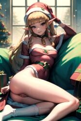 ai_generated aiposter bare_shoulders bell blonde_hair christmas christmas_clothing christmas_headwear christmas_outfit christmas_tree hair_ornament long_hair looking_at_viewer present princess_zelda pussy santa_hat skyward_sword small_breasts socks the_legend_of_zelda zelda_(skyward_sword)