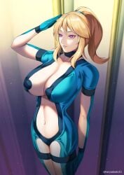 brainwashed brainwashing cleavage haryudanto hypnosis large_ass large_breasts metroid midriff mind_control navel revealing_clothes salute samus_aran thick_thighs transforming_into_combatant wide_hips