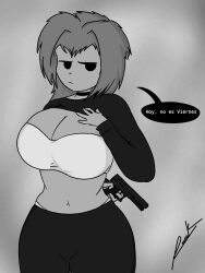 1girls annoyed big_breasts bra clothing el_elrick1778 gun hand_on_breast looking_away medium_hair nataly_(new_games_inspector) new_games_inspector shirt_lift thick_thighs