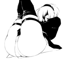 ass big_ass black_and_white blush clothing female khexxi mask masturbation nier nier:_automata on_back pussy short_hair thighhighs white_hair yorha_2b