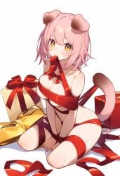 1girls 2023 ai_generated animal_ears arknights cat_ears cat_tail catgirl christmas goldenglow_(arknights) hi_res kemonomimi light-skinned_female light_skin looking_at_viewer naked nude pink_eyes pink_hair ribbon simple_background sitting solo