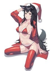 1girls 2023 animal_ears arknights bikini black_hair black_underwear christmas hat hi_res kemonomimi kneeling koi27 light-skinned_female light_skin looking_at_viewer simple_eyes solo texas_(arknights) thighhighs wolf_ears wolf_girl wolf_tail