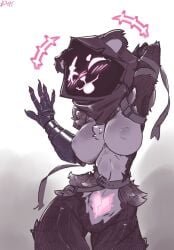 anthro armor armpits bear belt big_breasts breasts c3ilin clothing eye_scar facial_scar female fortnite front_view gauntlets gloves hand_behind_head handwear hi_res hood hoodie looking_at_viewer mammal nipples pubic_tattoo purple_eyes purple_tongue raven_team_leader scar smile solo thigh_gap tongue tongue_out topwear