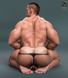 1boy 1human 1male ass bara barefoot beefy big_balls black_thong bubble_ass bubble_butt butt_focus feet freckled_skin hairy hairy_male himbo kneeling male male_focus male_only male_pov masculine men_of_atlus muscle_butt muscular muscular_male oc original_character tan_lines veiny veiny_muscles viewed_from_behind