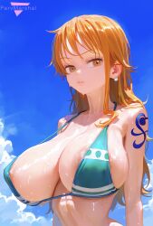 1girls ai_generated big_breasts bikini_top brown_eyes curvy curvy_figure female female_only girl huge_breasts long_hair marshalperv nami narrow_waist nipples_visible_through_clothing one_piece orange_hair pervmarshal shiny_skin solo solo_female sweat sweatdrop sweaty_body tagme tagme_(artist) tattoo tattoo_on_arm upper_body wet wet_skin