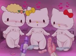 2021 absurd_res accessory anthro bed bedroom blush bodily_fluids bow_(feature) bow_accessory bow_ribbon breasts chrono_(artist) chrono_(pixiv) clothed clothing condom digital_media_(artwork) dildo domestic_cat felid feline felis female fifi_(hello_kitty) fifi_(sanrio) furniture genitals group hair hair_accessory hair_ribbon hairbow heart_symbol hello_kitty hello_kitty_(character) hello_kitty_(series) hi_res japanese_text kitty_white lipstick looking_at_viewer makeup mammal mimmy_white navel nipples nude on_bed one_eye_closed open_mouth panties panties_down partially_clothed pink_nipples pussy red_nose ribbons sanrio sex_toy sexual_barrier_device small_breasts smile tail text trio underwear underwear_down vibrator white_body wink winking_at_viewer yellow_nose