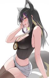 1girls ajigata_yunon animal_ears belly_button black_hair blonde_hair blush boob_window breasts cleavage clothed clothing compass female female_only hair_ornament huge_breasts licking_lips light-skinned_female light_skin purple_hair seductive shorts sogogy solo tail three-tone_hair virtual_youtuber vrecord wolf_ears wolf_girl wolf_tail yellow_eyes