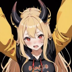 ai_generated black_background blonde_female blushing blushing_at_viewer elf_ears female_only hoodie horn horns horny horny_female long_hair looking_at_viewer readybat2 red_eyes