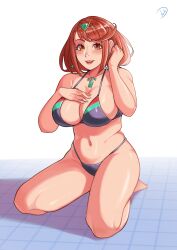 big_breasts bikini blush core_crystal deliciousbra earrings large_breasts on_knees pyra red_hair thick_thighs xenoblade_(series) xenoblade_chronicles_2