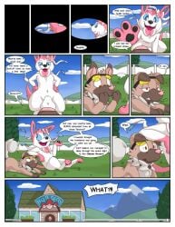 awakening blue_eyes comic duo dweet-tea eeveelution english_text eyewear female feral generation_6_pokemon generation_7_pokemon genitals glasses grass hi_res jaki-kun_(character) male nintendo penis plant pokemon pokemon_(species) pokemon_daycare ribbons rockruff sylveon tail text