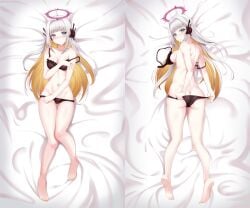 1girls back_view bed blue_eyes blush bra cleavage dakimakura eru_nabura female_only front_view full_body halo highres indie_virtual_youtuber jaal latam_virtual_youtuber light-skinned_female light_skin long_hair looking_at_viewer smiling_at_viewer thong two_tone_hair virtual_youtuber white_hair yellow_hair