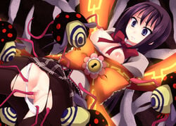 akemi_homura black_hair blue_eyes bondage bow breasts censored hairband highres keyhole mahou_shoujo_madoka_magica nagami_yuu nipples panties pantyhose pyotr_(madoka_magica) tied_up torn_clothes torn_pantyhose underwear