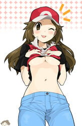 1girls :3 abstract_background agemono baseball_cap blush breasts brown_eyes brown_hair clothes color cosplay cute front_view hands_on_breasts hat human human_only leaf_(pokemon) long_hair navel nintendo pattern_background petite pokemon red_(pokemon)_(cosplay) shirt_lift tease underboob wink