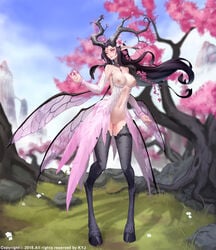 1girls antlers black_hair bottomless breasts detached_collar dryad feathers female flower forehead_mark fur hair_flower hooves insect_wings long_hair long_legs monster_girl multi_wing nature navel nipples original outdoors pointy_ears pussy pussy_juice solo standing ta-bam thighlet wings wink