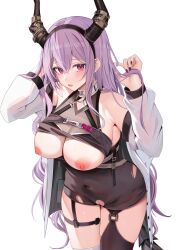 arknights horns nipples no_bra pussy ru_zhai stockings thighhighs torn_clothes typhon_(arknights)