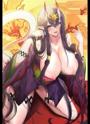 1girls big_breasts body_markings breasts_out cosplay earrings fate/grand_order fate_(series) female fusion horns ibuki_douji_(fate) kimono long_ears long_hair purple_eyes purple_hair shuten_douji_(fate) solo spice_(spicezzumi) tail tattoo thick_thighs