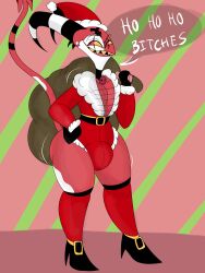 blitzo_(helluva_boss) bulge christmas christmas_background christmas_hat christmas_outfit demon demon_tail heels helluva_boss horns male male_only meme plapjax red_body red_eyes red_skin sack sharp_teeth thick_thighs vivienne_medrano yellow_sclera