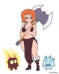 1female axe blue_eyes blush blushing clash_(series) clash_of_clans clash_royale clothed clothed_female clothing fire_spirit fire_spirit_(clash_royale) franschesco_(artist) fully_clothed fully_clothed_female ice_spirit_(clash_royale) looking_at_another looking_away orange_hair supercell thick_thighs valkyrie_(clash_of_clans) valkyrie_(clash_royale)