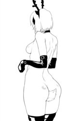 black_and_white cosplay female from_behind khexxi mask nier nier:_automata nude reindeer short_hair thighhighs yorha_2b