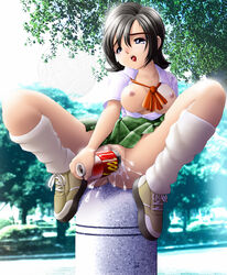 black_hair blue_eyes bottle breasts breasts_out censored exhibitionism footwear highres large_insertion loose_socks masturbation no_panties onoe outdoors public pussy_juice school_uniform short_hair skirt_lift sneakers socks tear white_socks