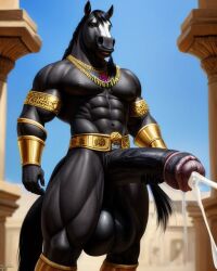 ai_generated anthro egyptian equid equine gold_bracelet gold_jewelry horse horse_penis horsecock huge_balls huge_cock lonely_man monster monster_cock muscular muscular_anthro muscular_male original_character xenthul