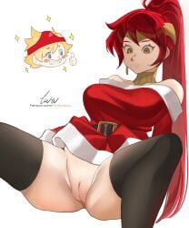 1boy 1girls christmas circlet exposed_pussy firelordzuu gorget green_eyes jaune_arc long_hair pevans ponytail pussy pyrrha_nikos red_hair rwby shaved_pussy shiny_hair shiny_skin spread_legs tagme thighhighs