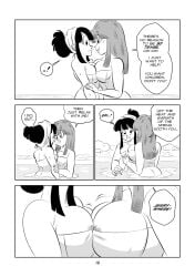 ! 2girls big_breasts black_and_white blush breast_press breasts chichi comic dragon_ball dragon_ball_super dragon_ball_z funsexydragonball hot_spring monochrome nipples page_15 suno_(dragonball) sweat towel yuri