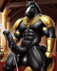 ai_generated anthro egyptian equid equine gold_bracelet gold_jewelry horse horse_penis horsecock huge_balls huge_cock lonely_man monster monster_cock muscular muscular_anthro muscular_male original_character xenthul