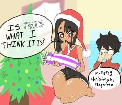 1boy 1futa 2023 bottom_heavy breasts bulge christmas clothed clothing dialogue english_text fully_clothed futanari gift hayase_nagatoro huge_hips human light-skinned_male light_skin male merry_christmas naoto_hachioji_(senpai) onahole please_don't_bully_me,_nagatoro tan text thick_thighs tongue_out vulkinx wide_hips