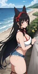 ai_generated ass beach black_hair blush cleavage collared_shirt denim_shorts gate_-_jieitai_ka_no_chi_nite_kaku_tatakaeri hairbow lipstick long_hair looking_at_another ocean outdoors red_eyes ribbon rory_mercury stable_diffusion thick_thighs